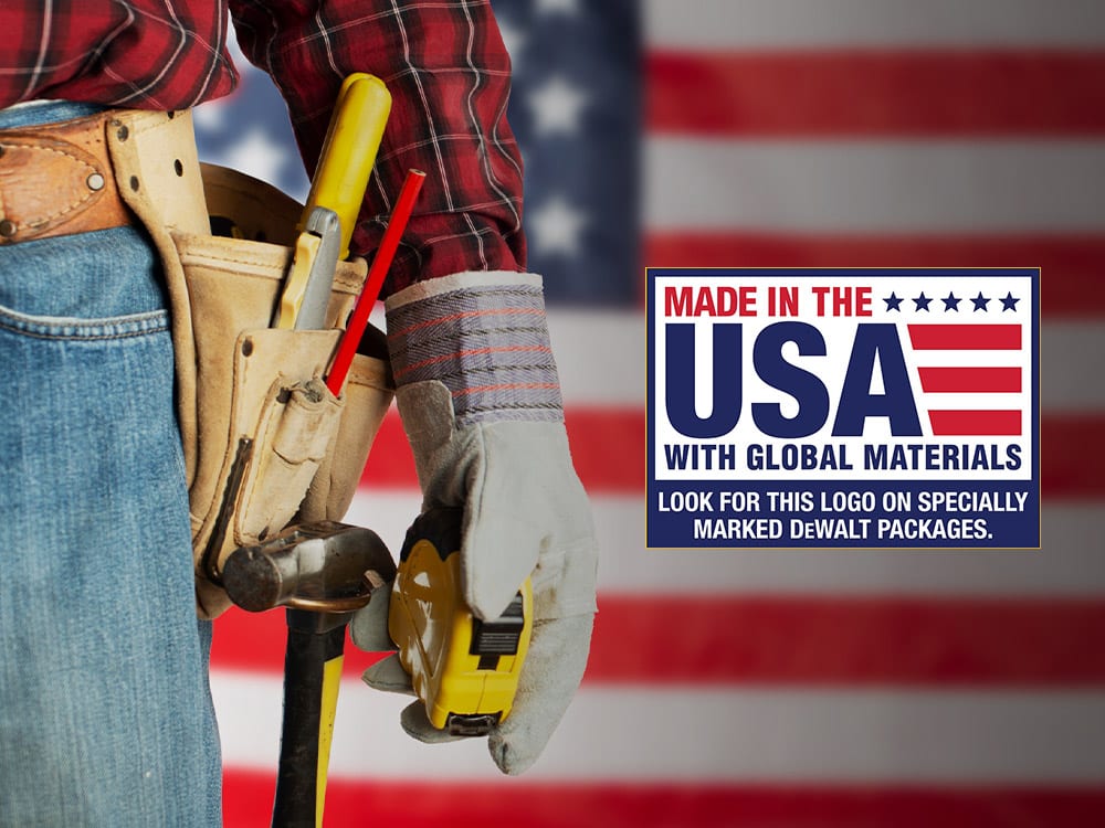 Laborer in gloves and toolbelt with measure on USA flag background