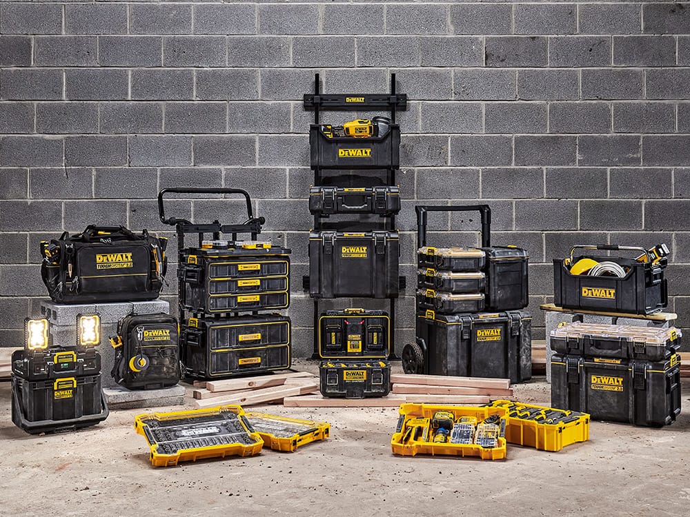 Family Shot Of DEWALT Tough Sytem Storage And Accessories on Wood Material