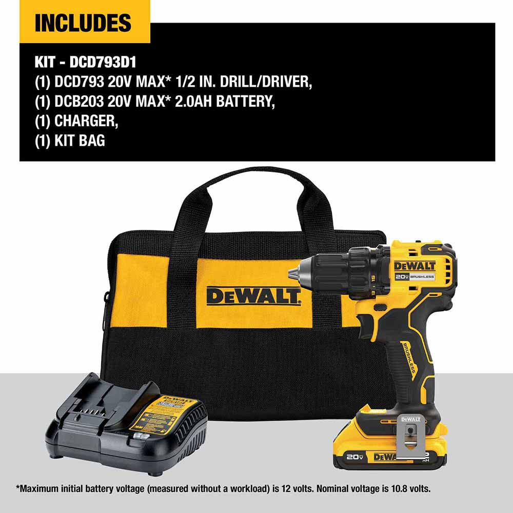 DeWalt DCD793D1 20V MAX Brushless Cordless 1/2 in. Drill/Driver Kit