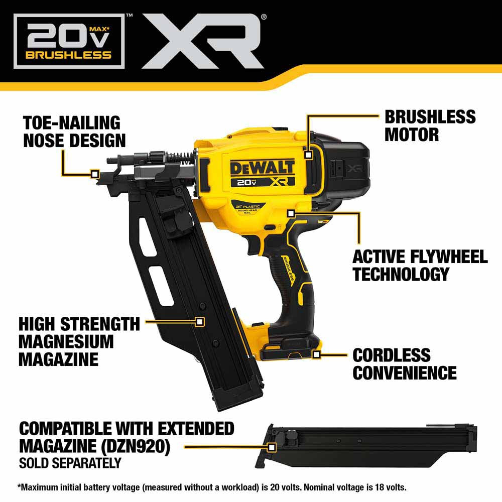 DeWalt DCN920B 20V MAX XR  Brushless Cordless 21 Degree  Plastic Collated Framing Nailer (Tool Only) - 2