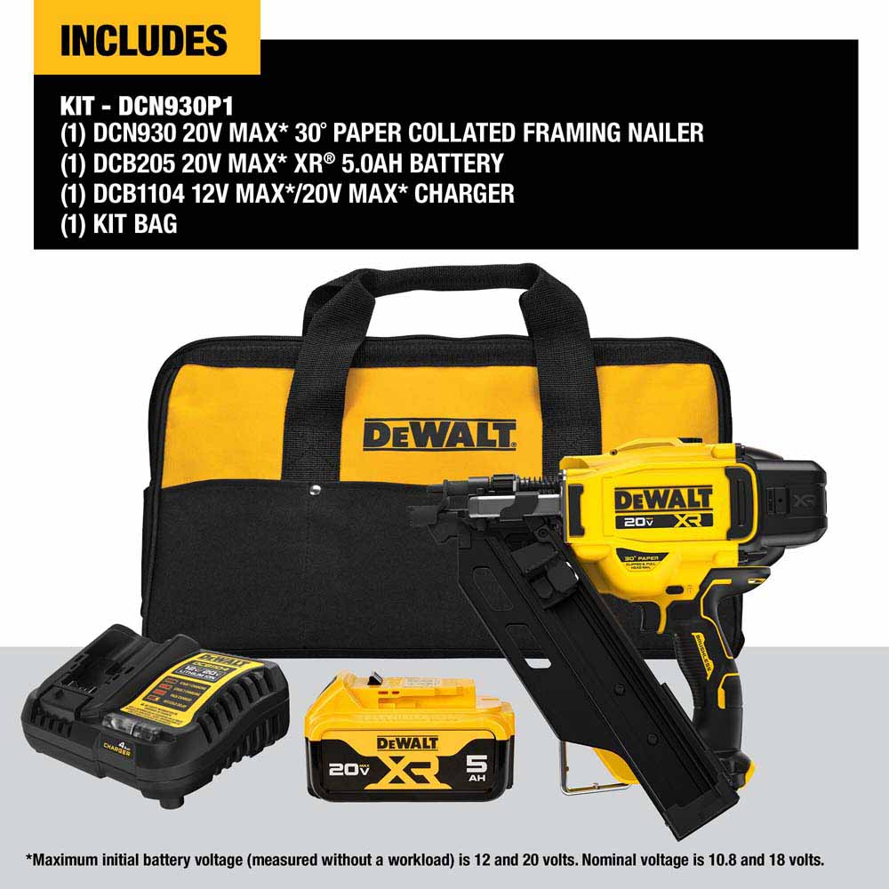 DeWalt DCN930P1 20V MAX XR Brushless Cordless 30 Degree Paper Tape Framing Nailer Kit - 9