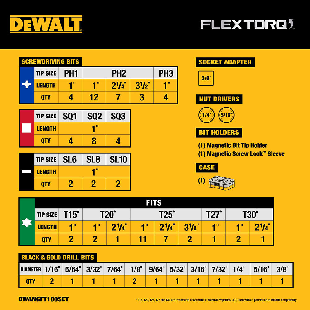 DeWalt DWANGFT100SET FLEXTORQ Drilling and Driving Bit Set w/ Case, 100-Pack - 7